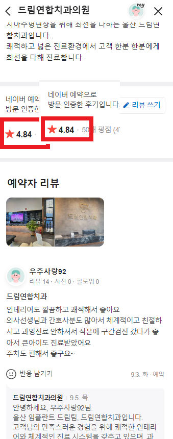 환자의 신뢰를 바탕으로 한 높은 만족도 울산 지역에서 4.9점의 환자 만족도를 기록하고 있는 드림연합치과는 환자들에게 신뢰를 얻고 있습니다. 이를 가능하게 한 것은 환자의 입장에서 진정성 있는 진료를 제공하고, 과잉 진료 없이 환자 개개인의 상황에 맞는 치료를 권하는 철학 덕분입니다.