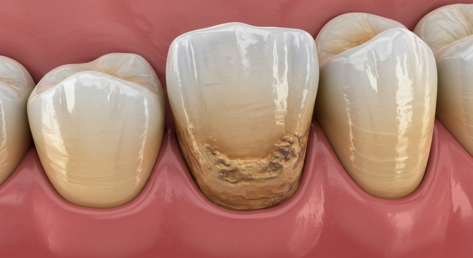 A close-up, detailed macro photograph of a tooth showing cervical abrasion at the gum line. The tooth surface should be worn and slightly indented. Focus on the texture and color differences of the enamel and dentin. Realistic lighting.