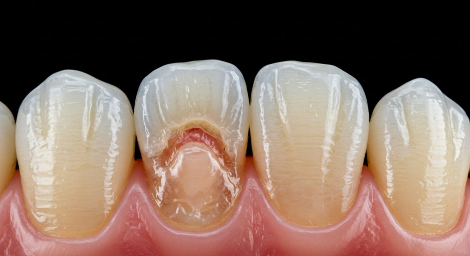 A dental photograph showing a progression of cervical abrasion on a tooth, from a mild case to a severe one. The images should be clear and detailed, demonstrating the changes in the enamel and dentin over time, with clear, clinical lighting.