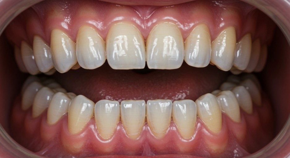 A split-image photograph that contrasts a tooth without any abrasion with a tooth showing a significant degree of cervical abrasion. The image should highlight the difference in texture and appearance at the gum line, with clear and realistic detail.