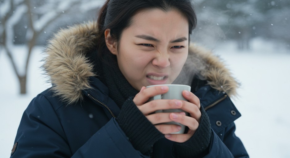 구강건조증에 대해 첨부 사진 울산치과 참조하기 위한 구강건조증을 앓고있는 환자 사진 포스팅 아티클 첨부사진 차를 들고있는데 입안이 건조하여 얼굴을 찡그리고 있다