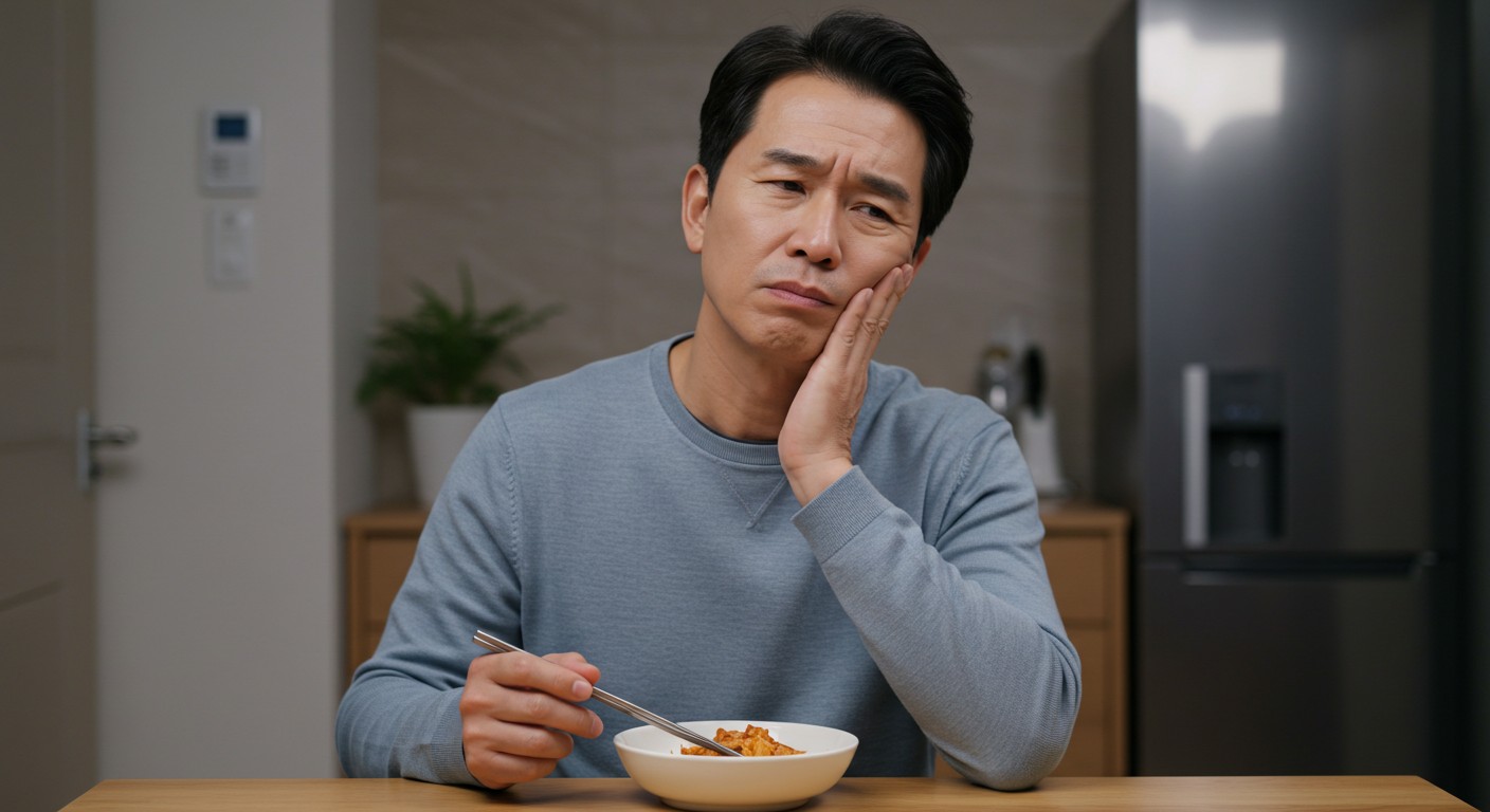 치아균열증후군 (1) 한 중년 남성이 음식을 먹다가 갑자기 멈칫하며 한쪽 뺨을 살짝 감싸 쥐는 모습.