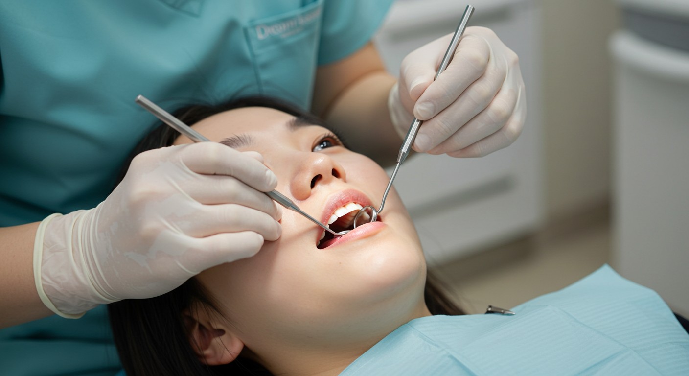 이빨에 검은점 (12) A dentist at Dream Dental Clinic using a dental mirror and an explorer to carefully examine a small black spot on a patient's tooth. The patient is calmly seated, and the scene looks professional and reassuring.