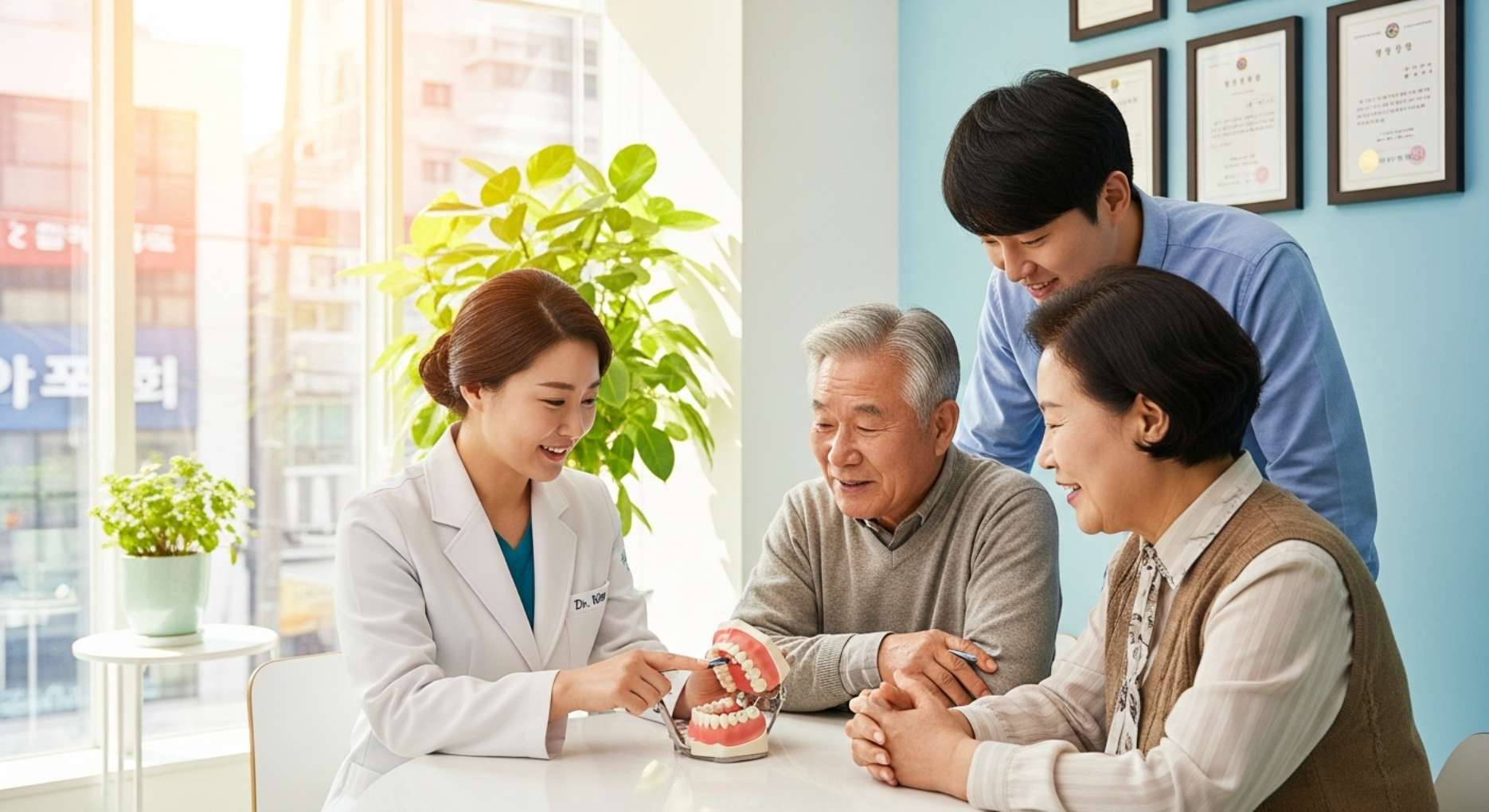 부모님 임플란트 (6) 울산 치과에서 자녀와 함께 부모님 임플란트 상담받는 모습