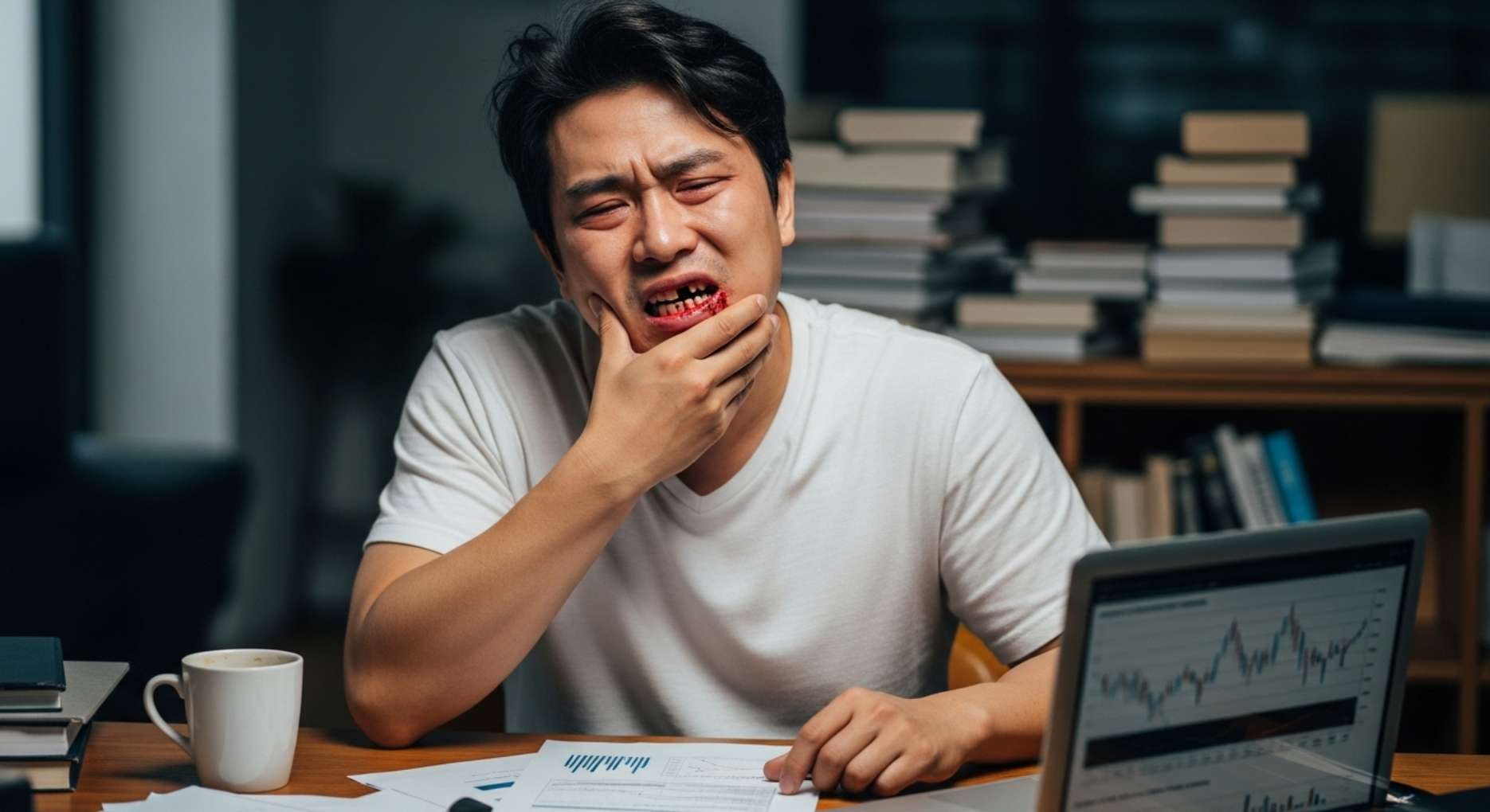 스트레스로 인한 이빠짐 (2) 스트레스 받아 이빨을 깨물다보니 피가나는 남성 사진