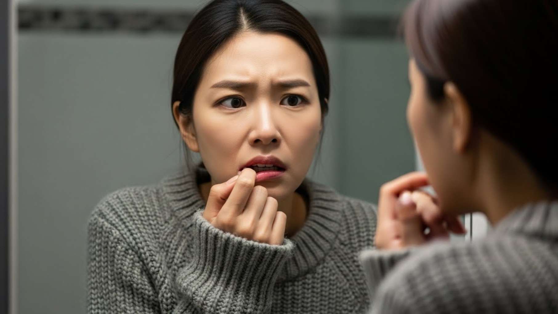 고름주머니4 거울을 보며 잇몸에 난 볼록한 고름 주머니(피스텔)를 발견하고 놀란 울산 여성 환자