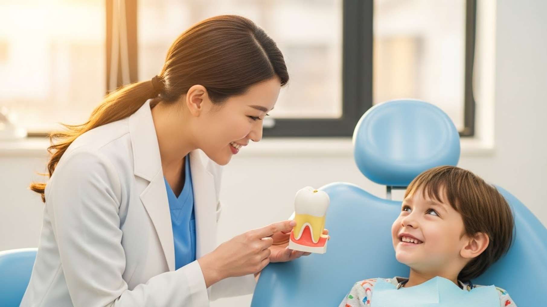 울산 드림연합치과에서 소아 교정 상담을 받는 어린이와 친절한 의료진