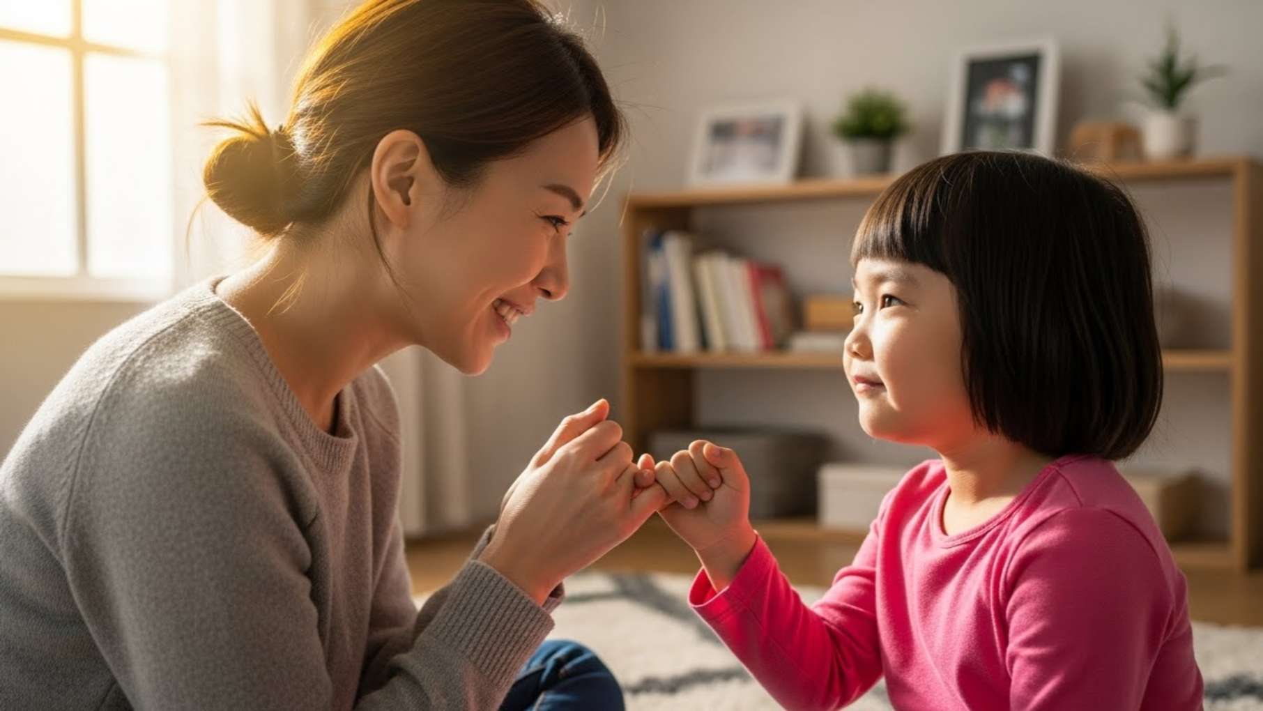 아이와 손가락 빨지 않기로 약속하고 칭찬하는 부모님의 모습