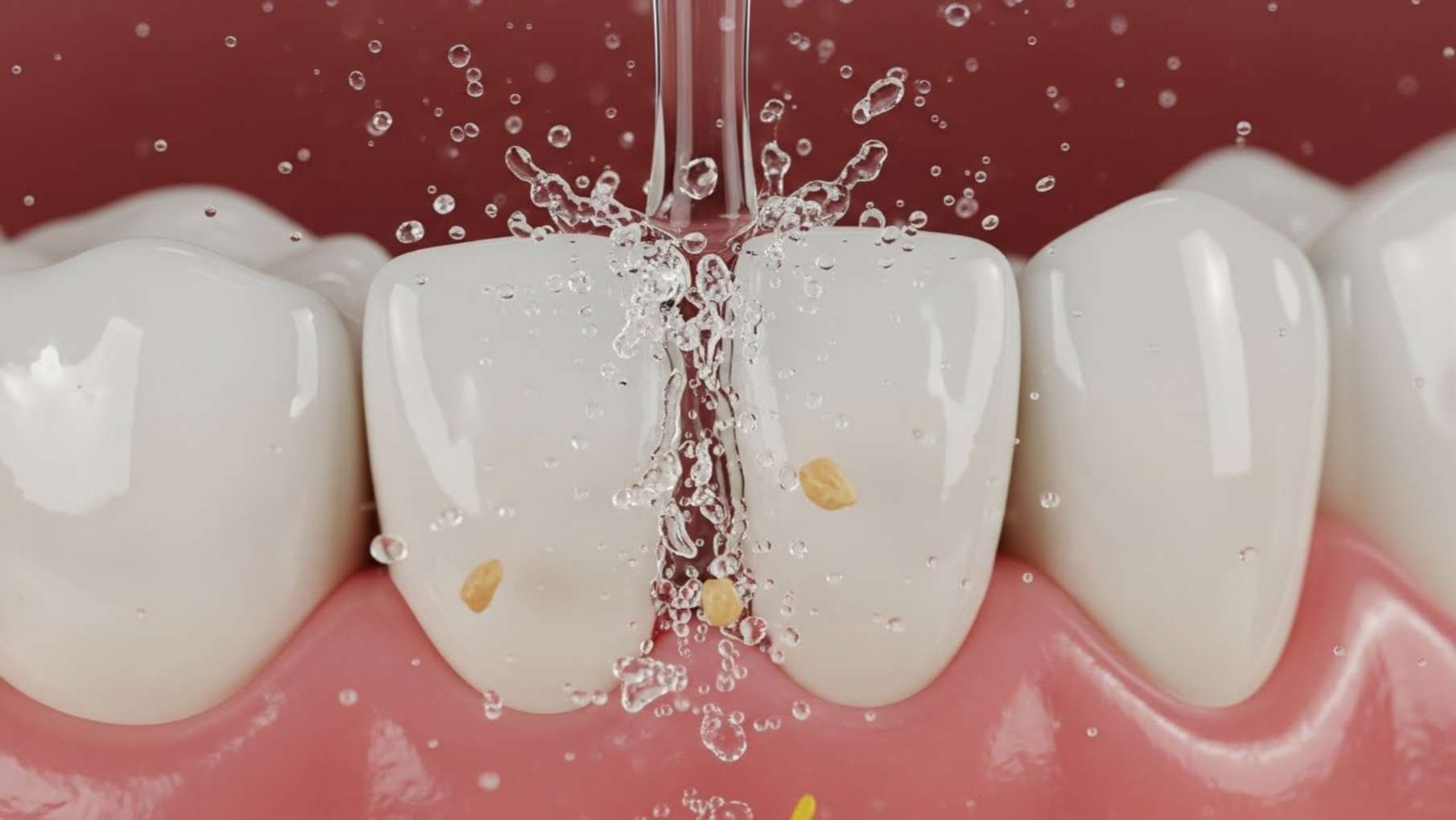 강력한 물줄기가 치아 사이 이물질을 제거하는 워터픽 세정 원리 클로즈업