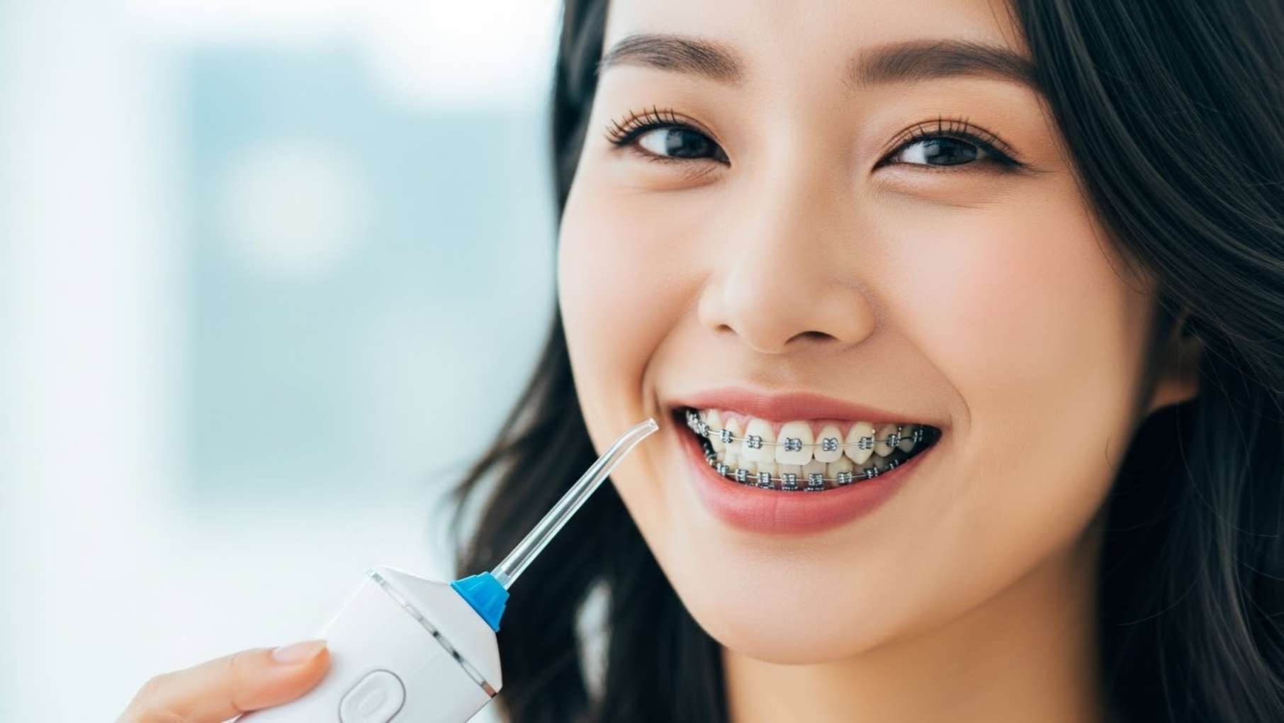 교정 장치 사이 음식물 제거에 효과적인 워터픽을 사용하는 교정 환자