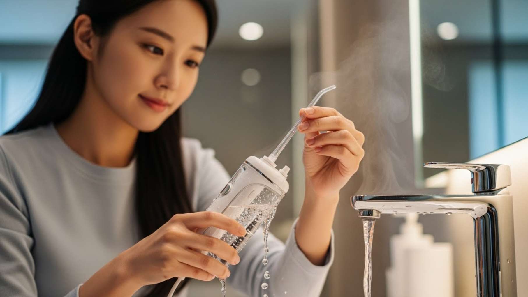 워터픽 이 시림 부작용 예방을 위해 미지근한 물을 채우는 모습