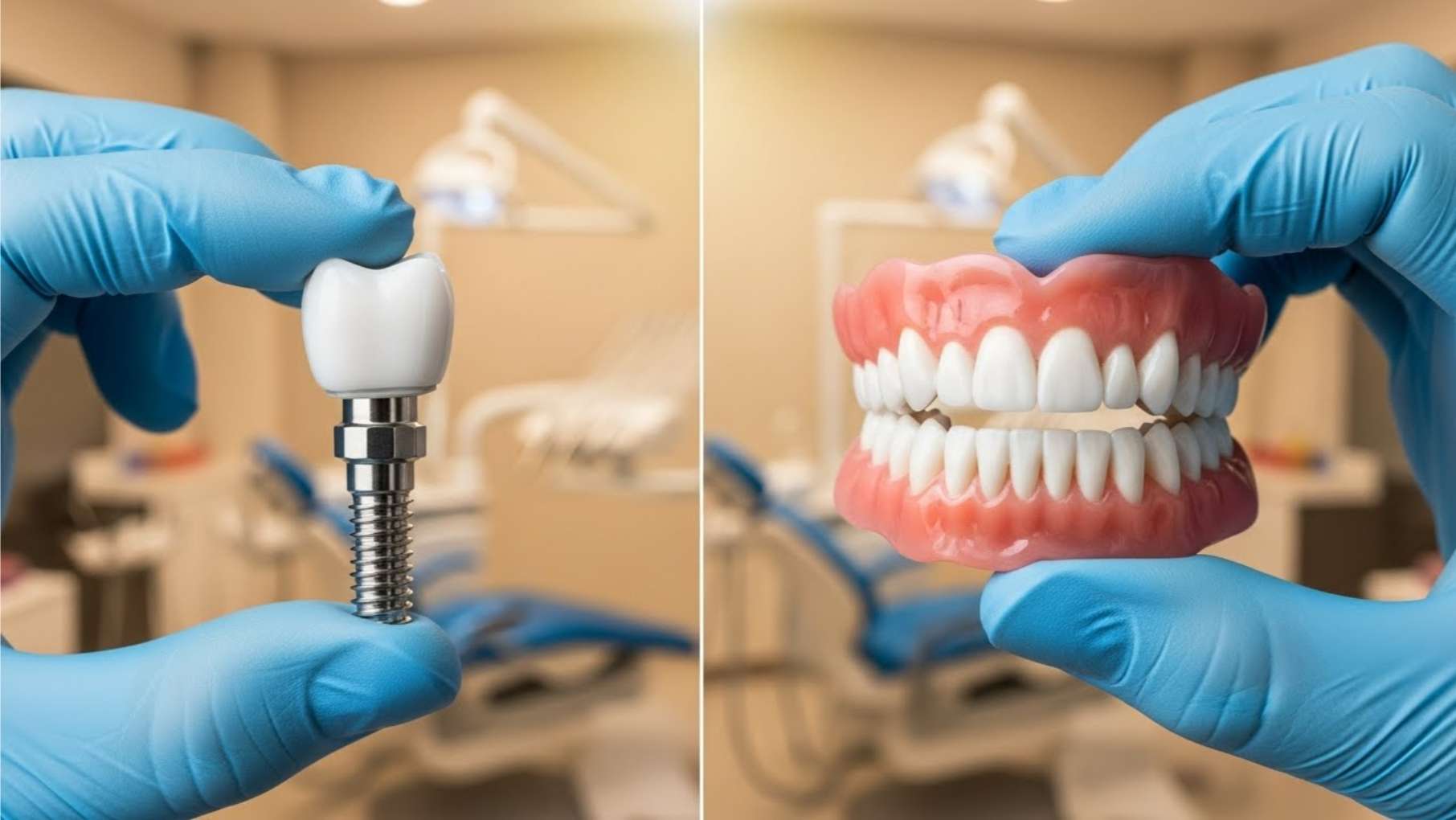 임플란트와 틀니12 임플란트와 틀니의 장단점 비교를 위해 두 보철물을 양손에 들고 보여주는 모습