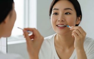 울산 드림연합치과 치간칫솔 올바른 사용법, 거울 보며 치아 틈새 관리하는 30대 여성, 잇몸 염증 예방 습관