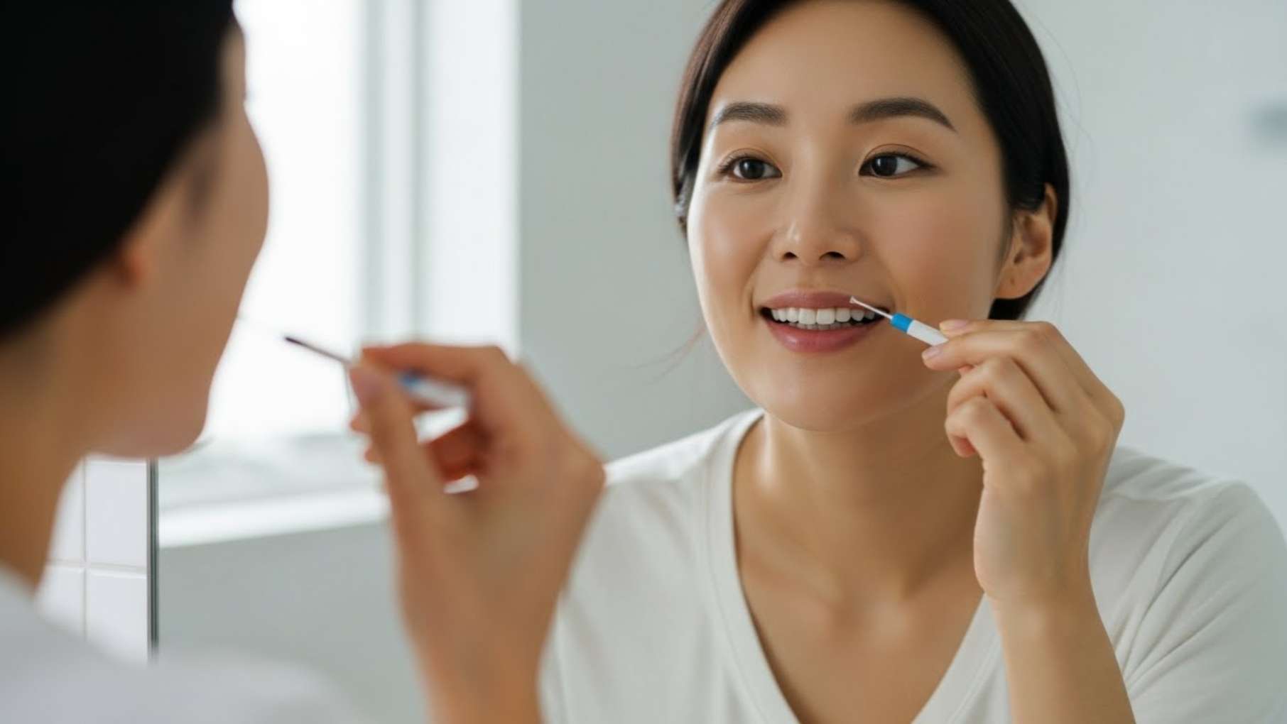 울산 드림연합치과 치간칫솔 올바른 사용법, 거울 보며 치아 틈새 관리하는 30대 여성, 잇몸 염증 예방 습관