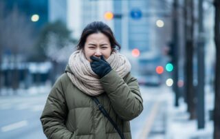 겨울철 찬 바람을 맞고 치아 시림 통증을 느끼는 울산 여성