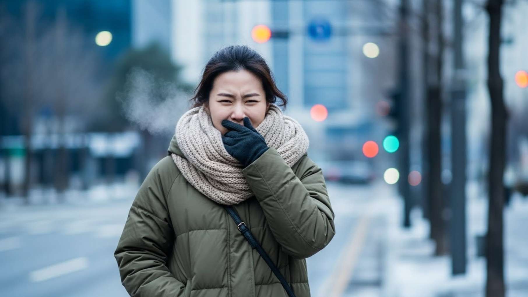 겨울철 찬 바람을 맞고 치아 시림 통증을 느끼는 울산 여성