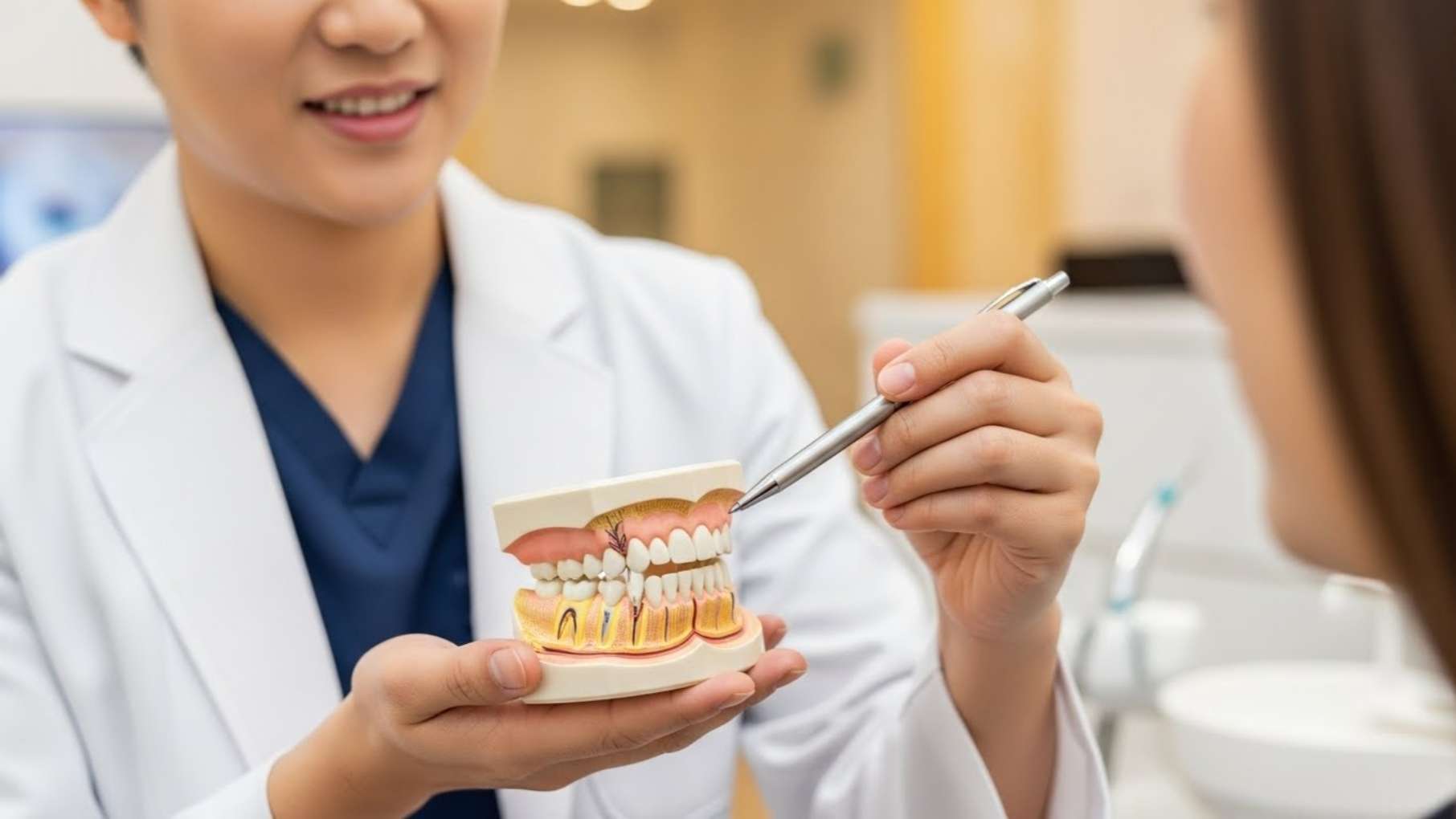 치아 모형을 통해 치주소파술의 필요성과 잇몸 속 치석 위치를 설명하는 울산 치과 의료진