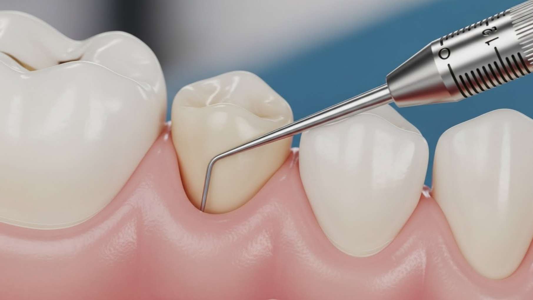 치주낭 깊이를 측정하여 치주소파술 필요 여부를 진단하는 모습