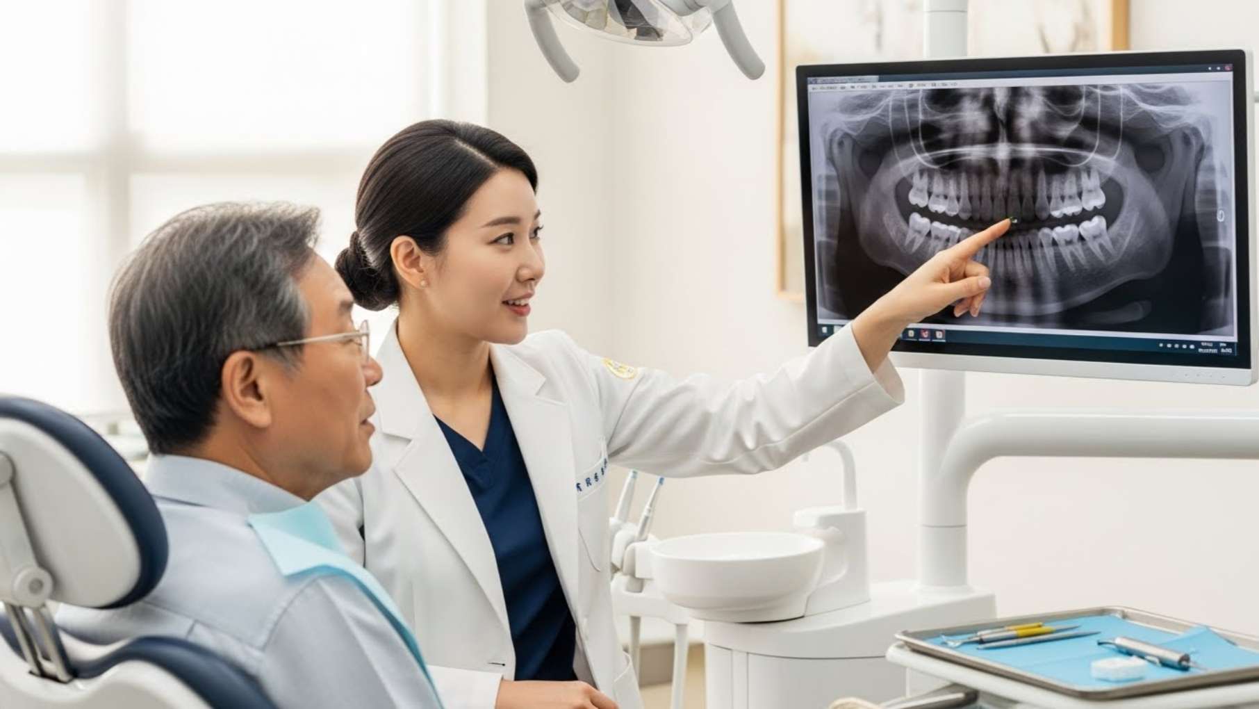 엑스레이를 보며 잇몸뼈 상태와 치주소파술 계획을 설명하는 울산 치과 전문의