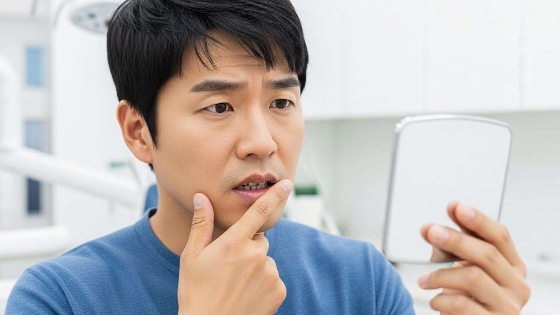 잇몸치료 후 치아 사이 공간(블랙 트라이앵글)을 확인하는 환자