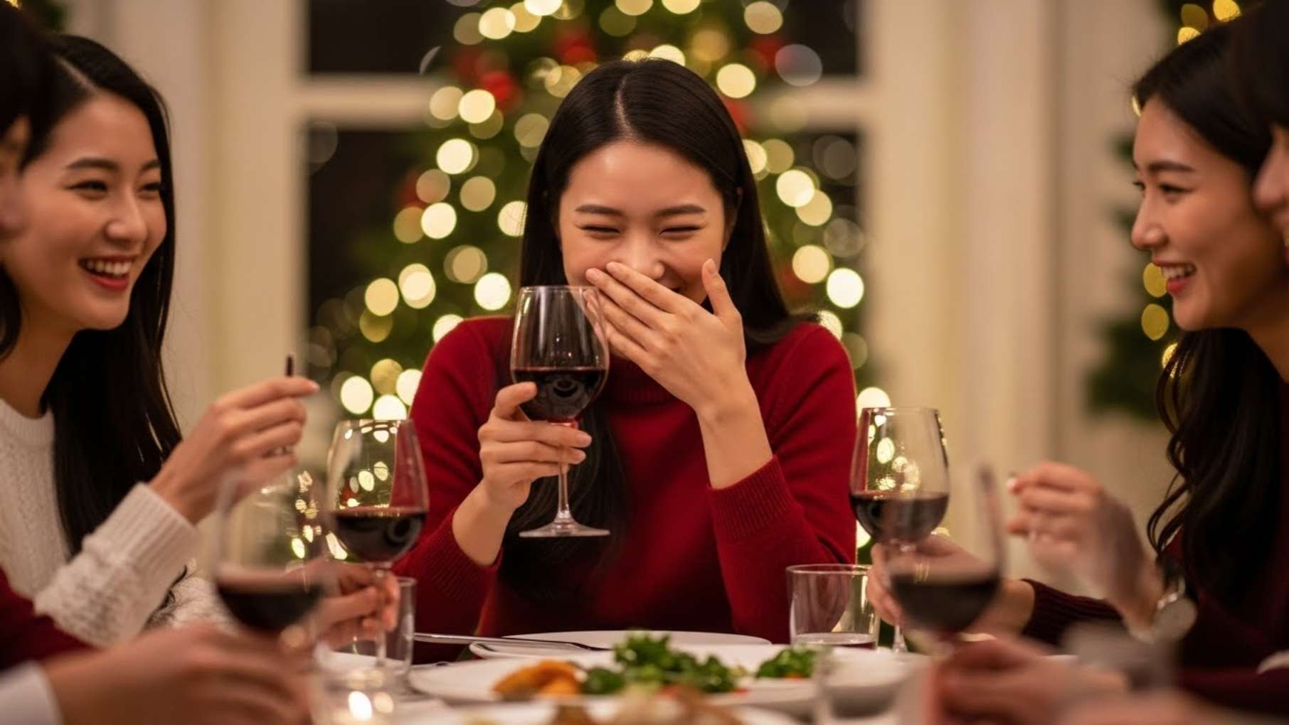 연말 모임에서 누런 치아 때문에 입을 가리고 웃는 울산 여성