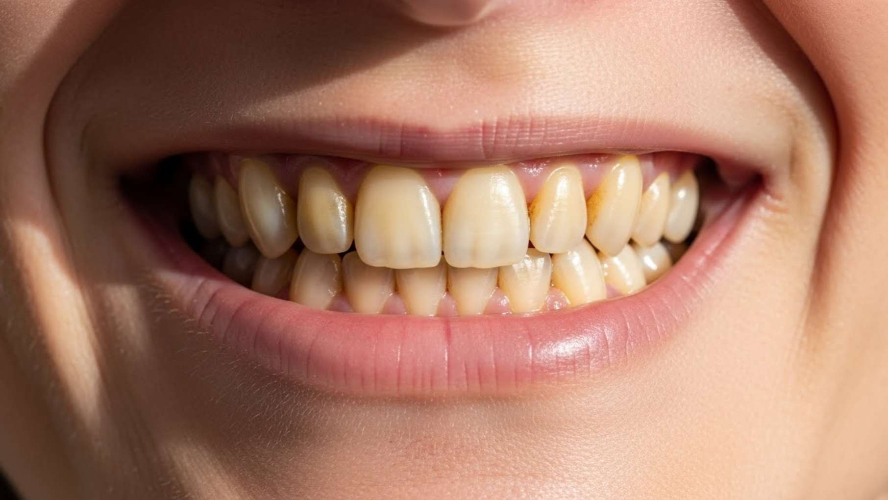 커피와 노화로 인해 전체적으로 누렇게 변색된 치아 상태