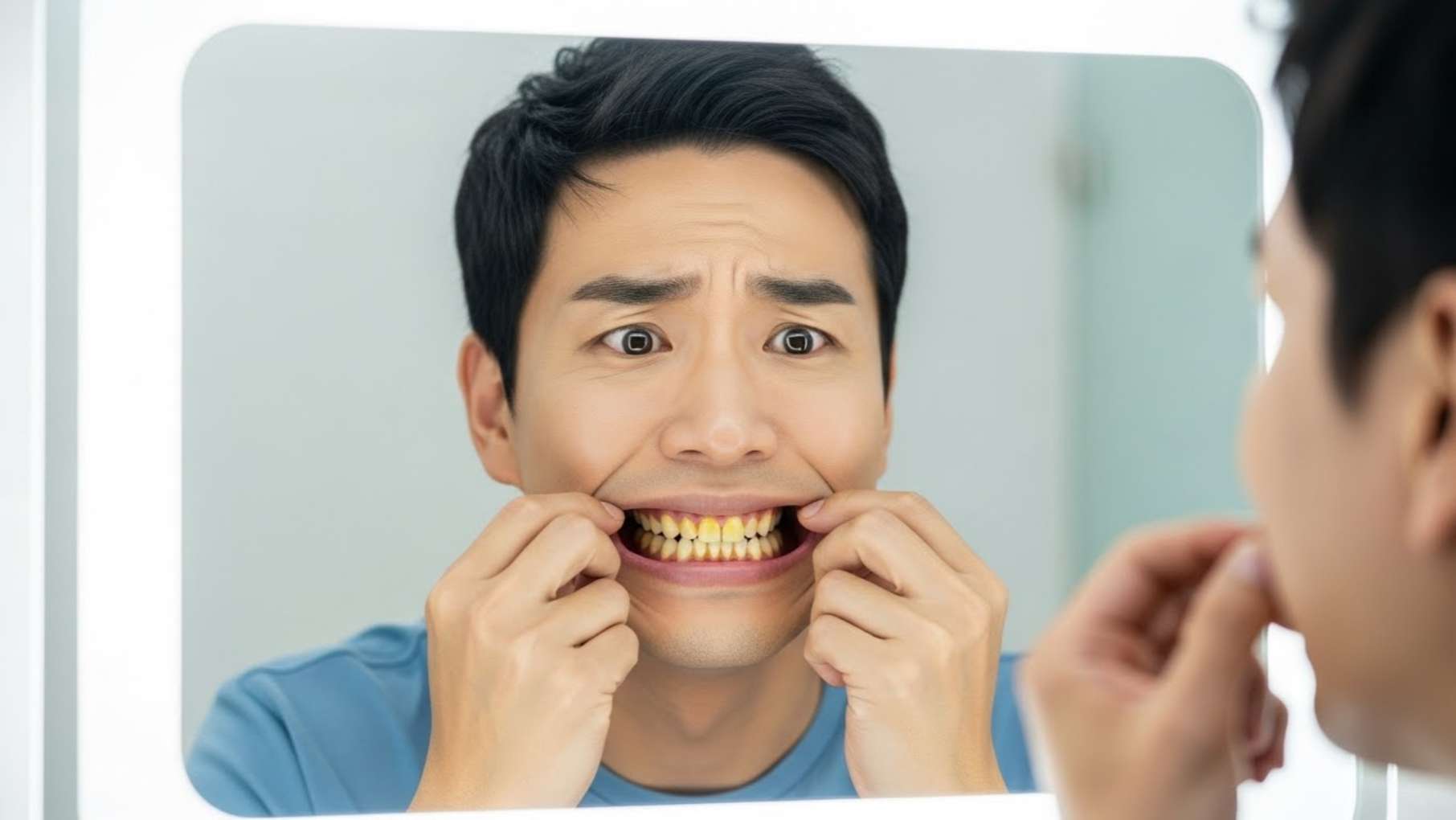 거울을 보며 누렇게 변한 치아 색상을 확인하고 놀라는 남성