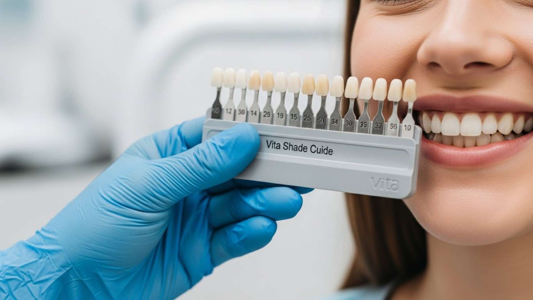 울산 드림연합치과에서 치아 밝기 단계(쉐이드)를 정밀 진단하는 모습