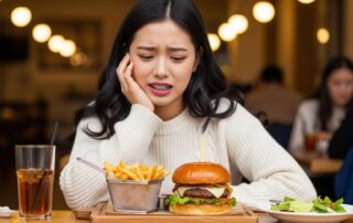 맛있는 음식을 앞에 두고 교정 장치 때문에 식사를 망설이는 울산 교정 환자
