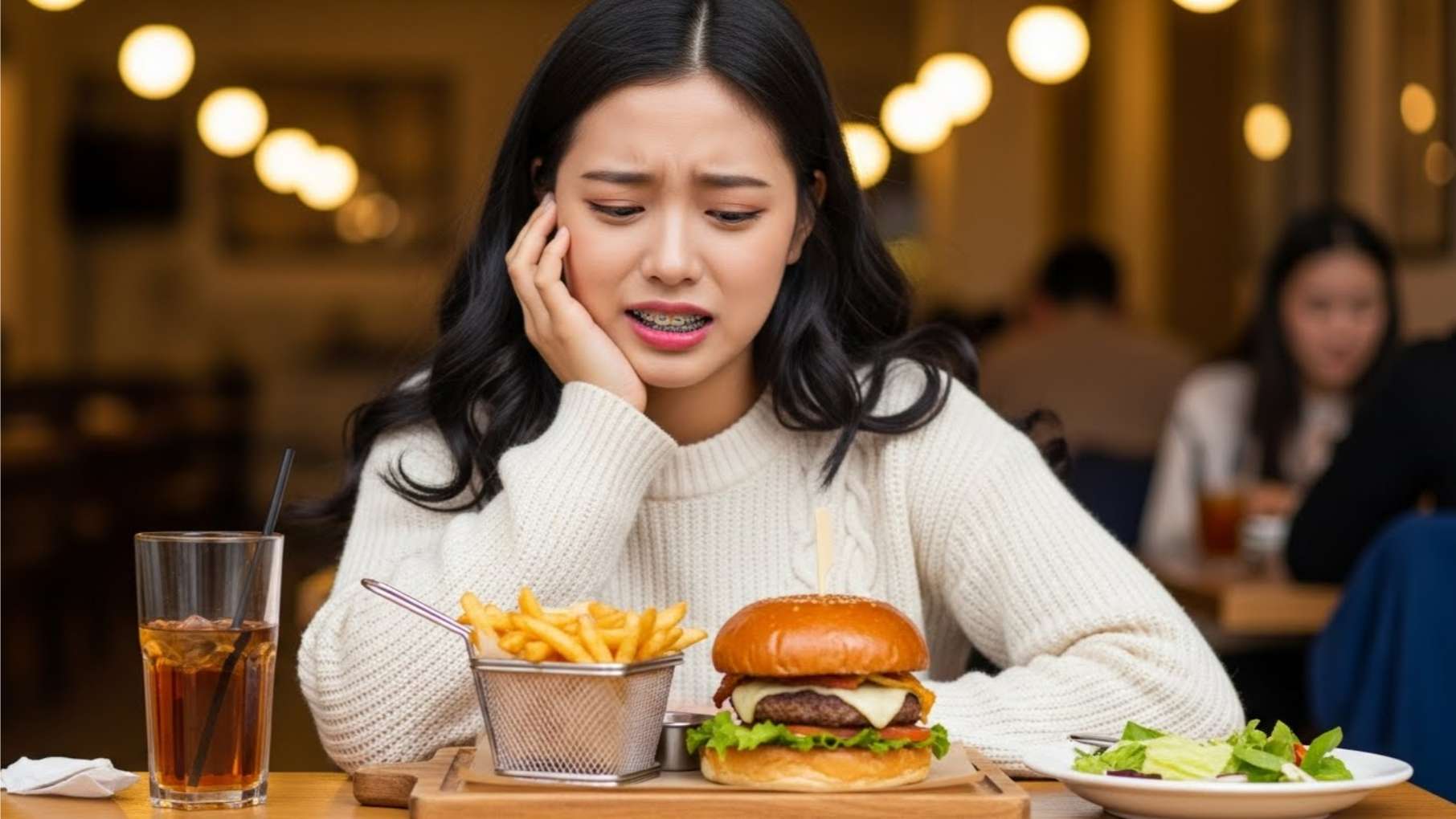 맛있는 음식을 앞에 두고 교정 장치 때문에 식사를 망설이는 울산 교정 환자