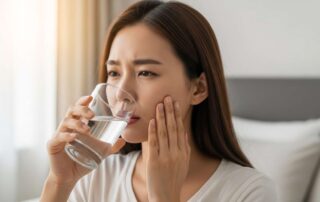 아침에 물을 마시다 구내염 통증으로 얼굴을 찌푸리는 울산 여성 환자