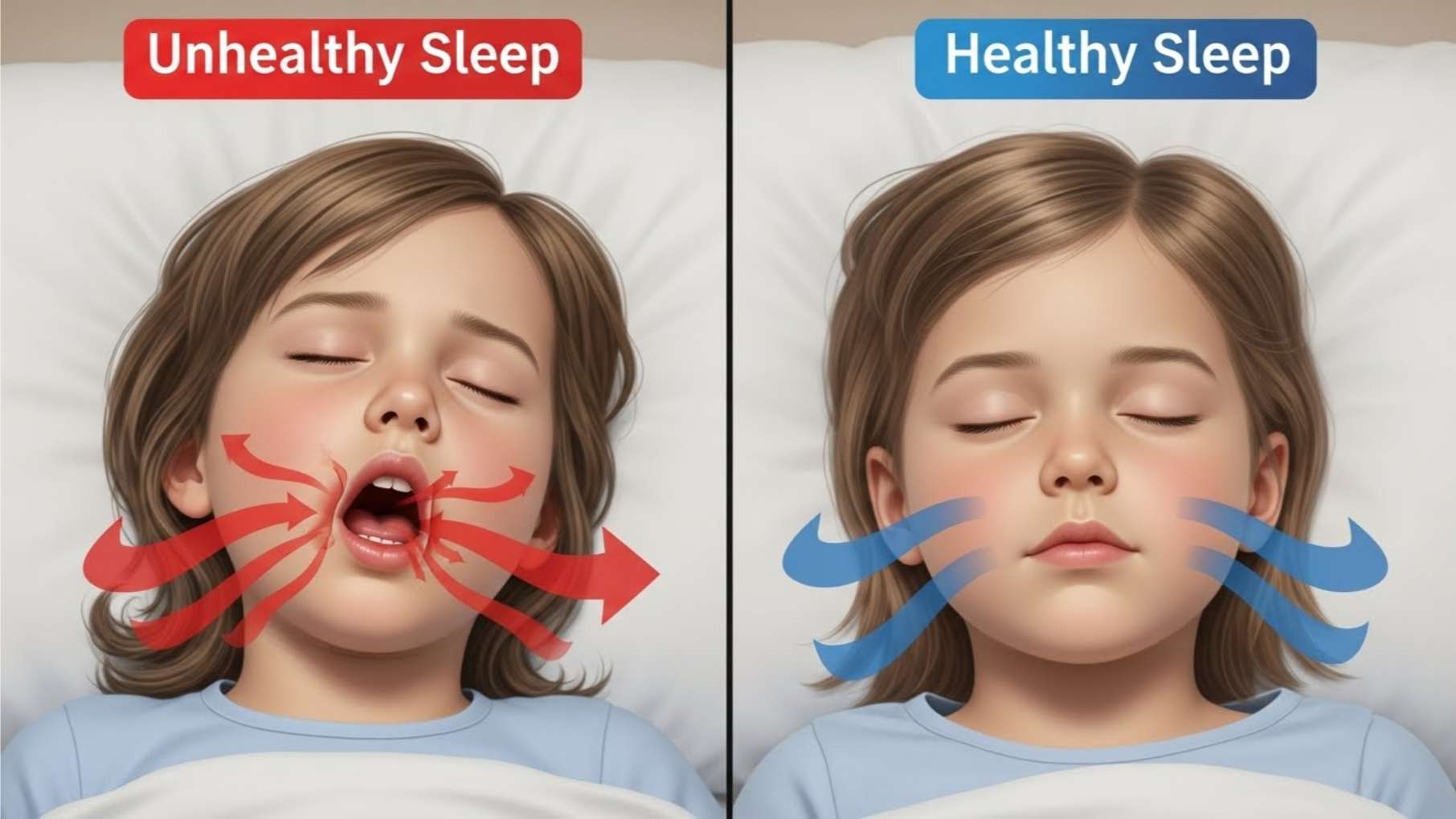 입으로 숨 쉬는 구호흡과 코로 숨 쉬는 비호흡의 차이를 비교하는 이미지