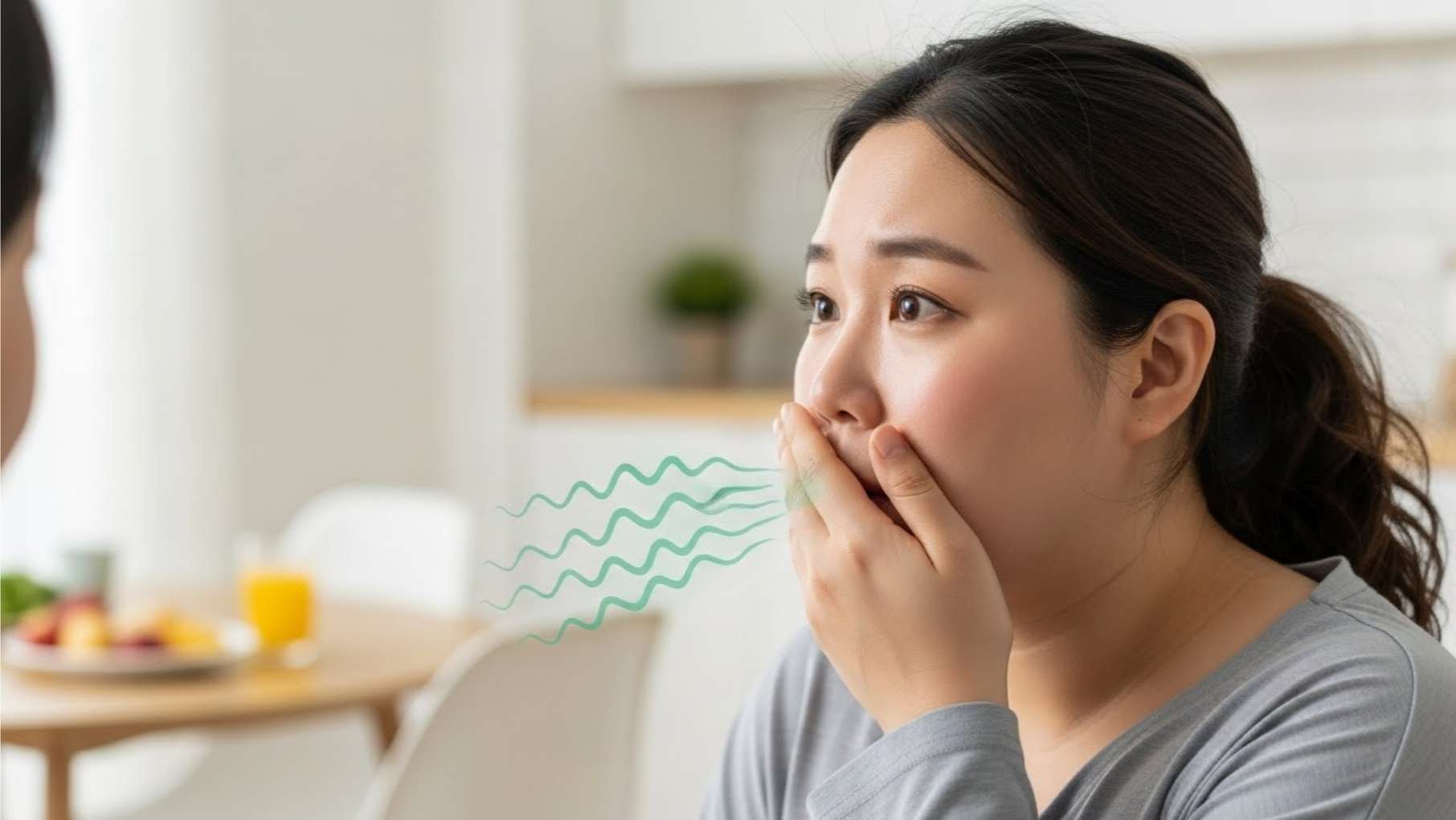 아침 입 냄새로 인해 대화 중 입을 가리고 고민하는 여성