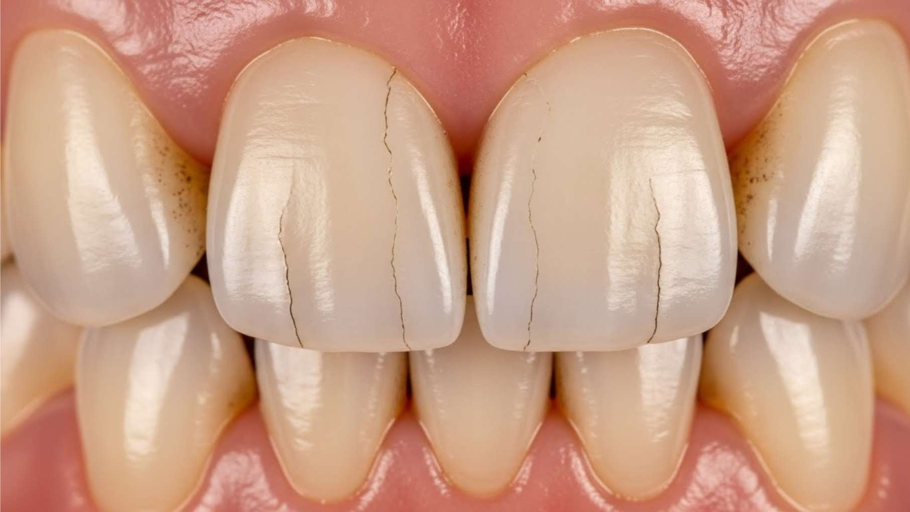 이갈이로 인해 치아 표면이 닳고 미세한 금(크랙)이 간 치아 상태