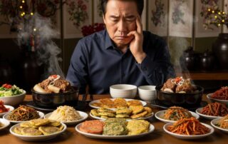 설 명절 맛있는 음식 앞에서 임플란트 수술 부위 때문에 식사를 망설이는 남성