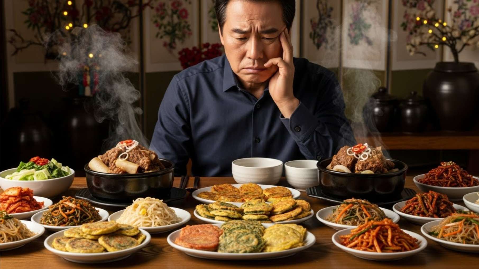 설 명절 맛있는 음식 앞에서 임플란트 수술 부위 때문에 식사를 망설이는 남성