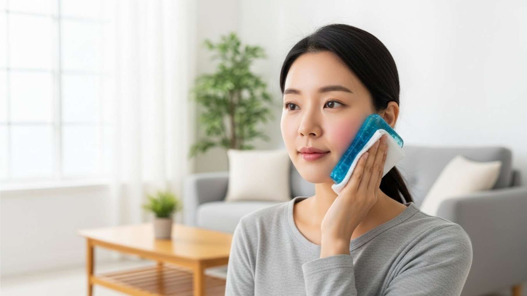 수술 후 붓기와 통증을 줄이기 위해 올바르게 냉찜질을 하는 모습