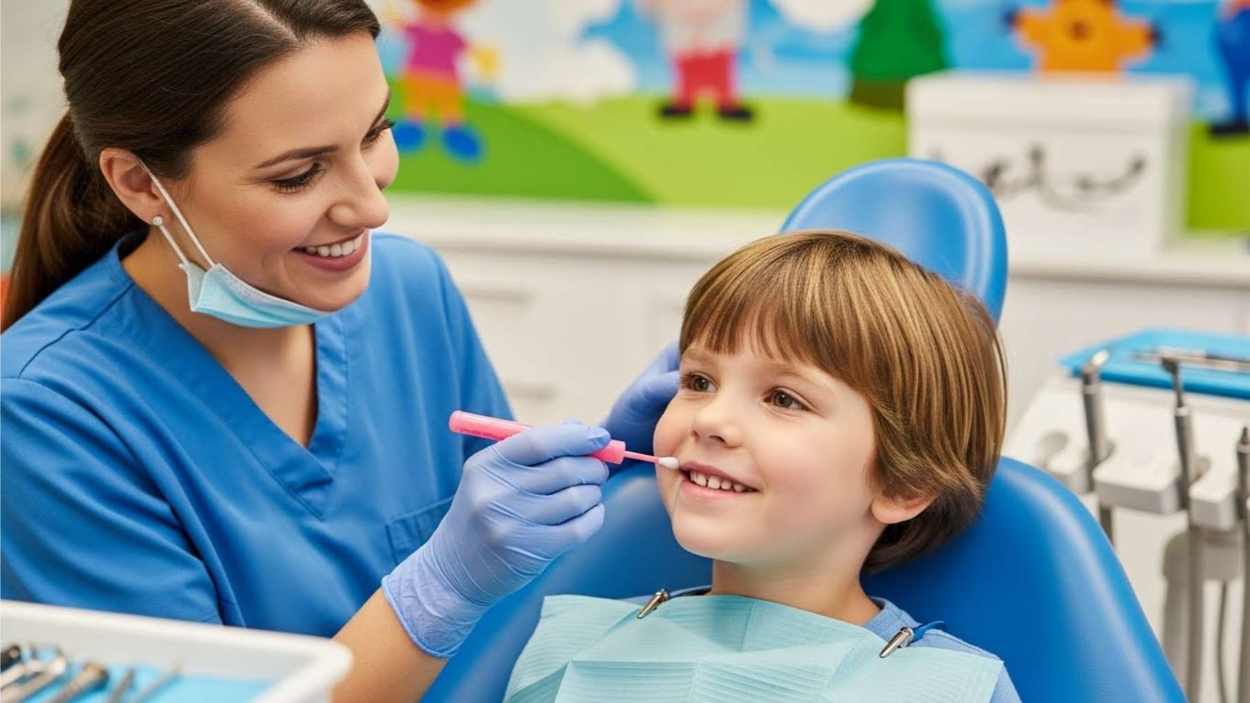 울산 드림연합치과에서 통증 없이 잇몸 살을 제거하기 위해 도포 마취를 하는 모습