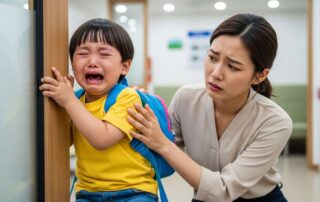 치과 진료를 거부하며 입구에서 울고 떼쓰는 아이와 난처한 부모님