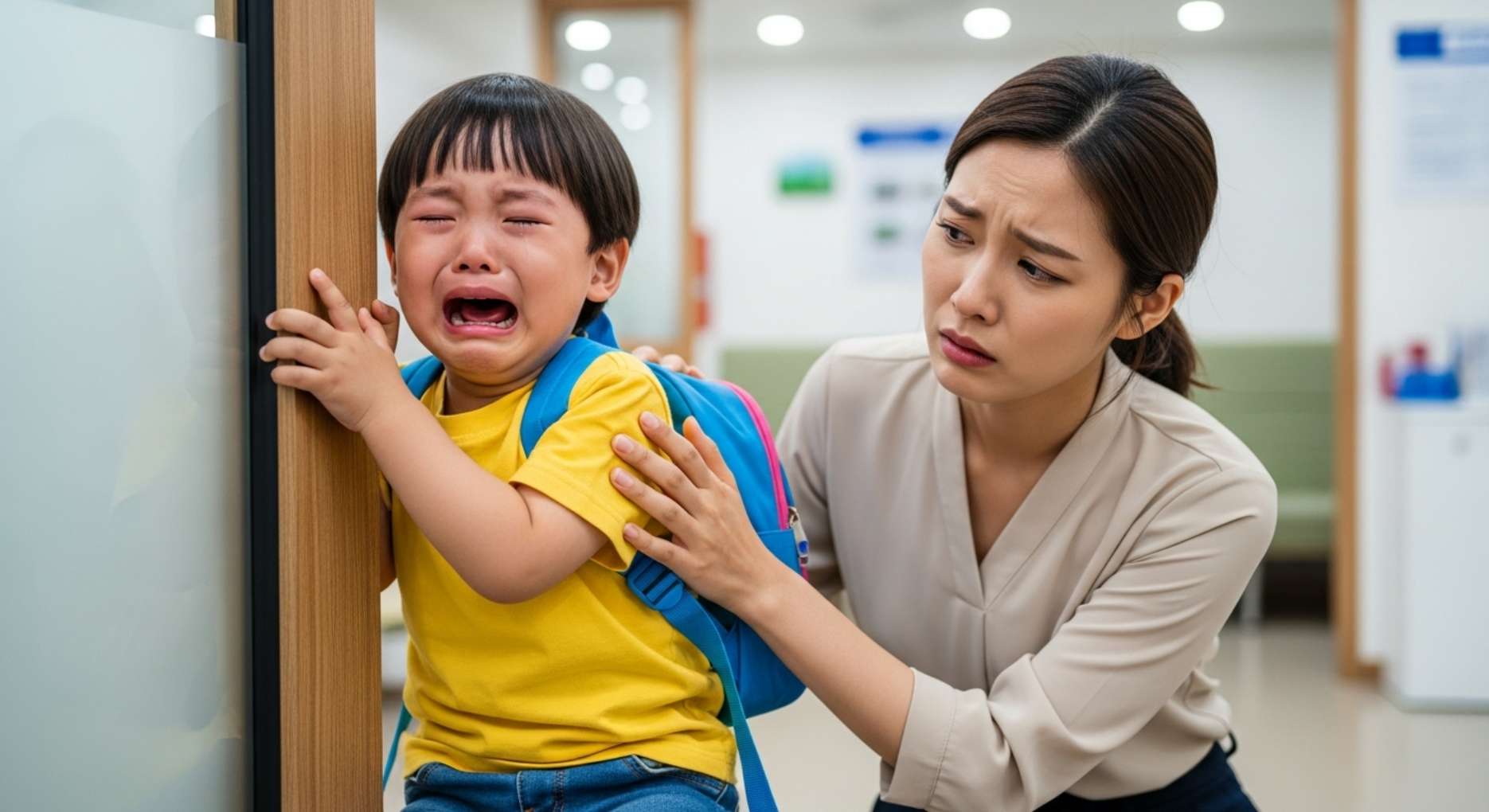 치과 진료를 거부하며 입구에서 울고 떼쓰는 아이와 난처한 부모님
