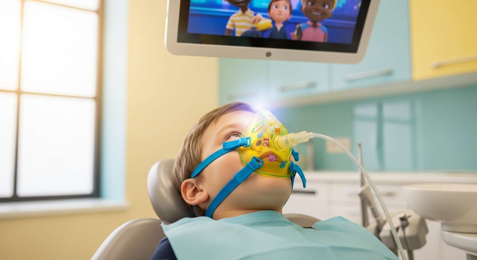 치과공포증 어린이2 달콤한 향기가 나는 웃음가스 마스크를 쓰고 편안하게 진료받는 어린이