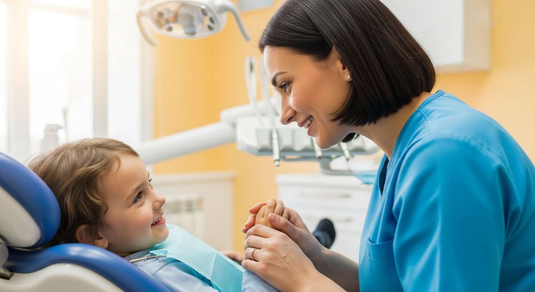 치과공포증 어린이5 진료 중 보호자가 곁에서 손을 잡아주어 심리적 안정을 느끼는 아이