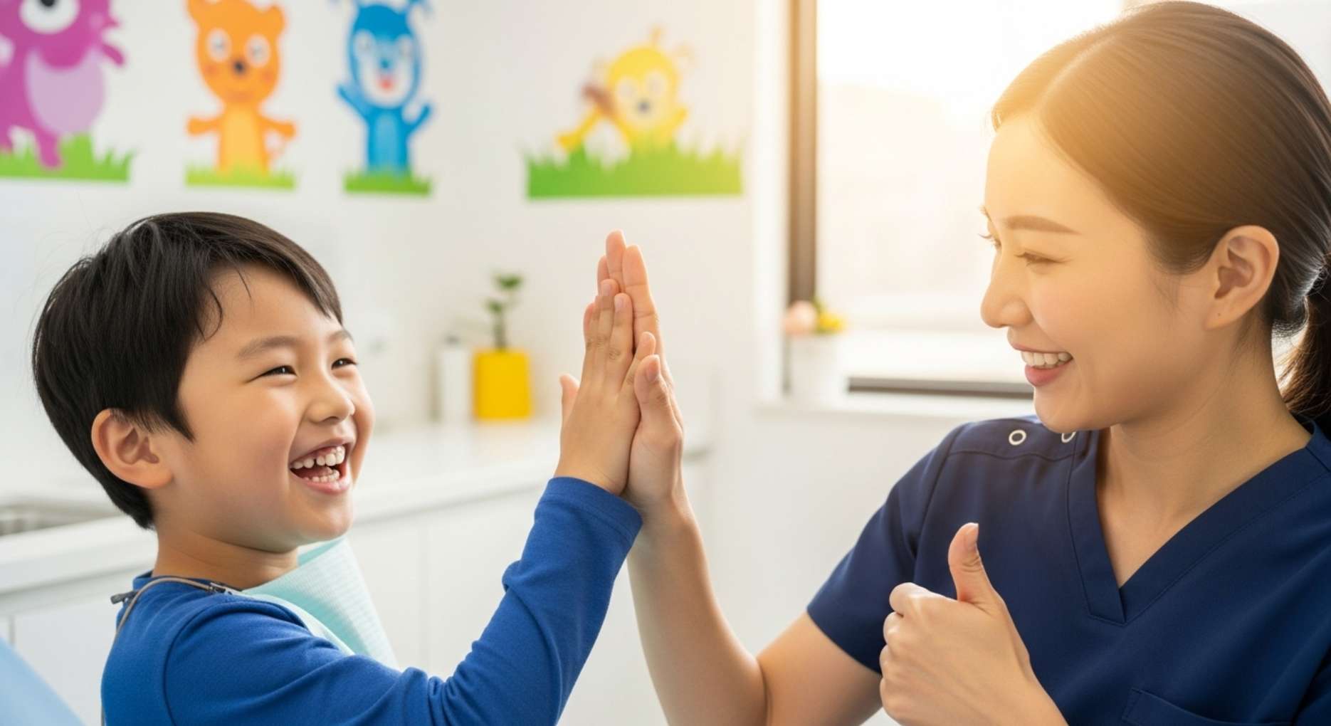 치과공포증 어린이6 울지 않고 치과 치료를 마친 후 의사 선생님과 하이파이브하는 씩씩한 어린이