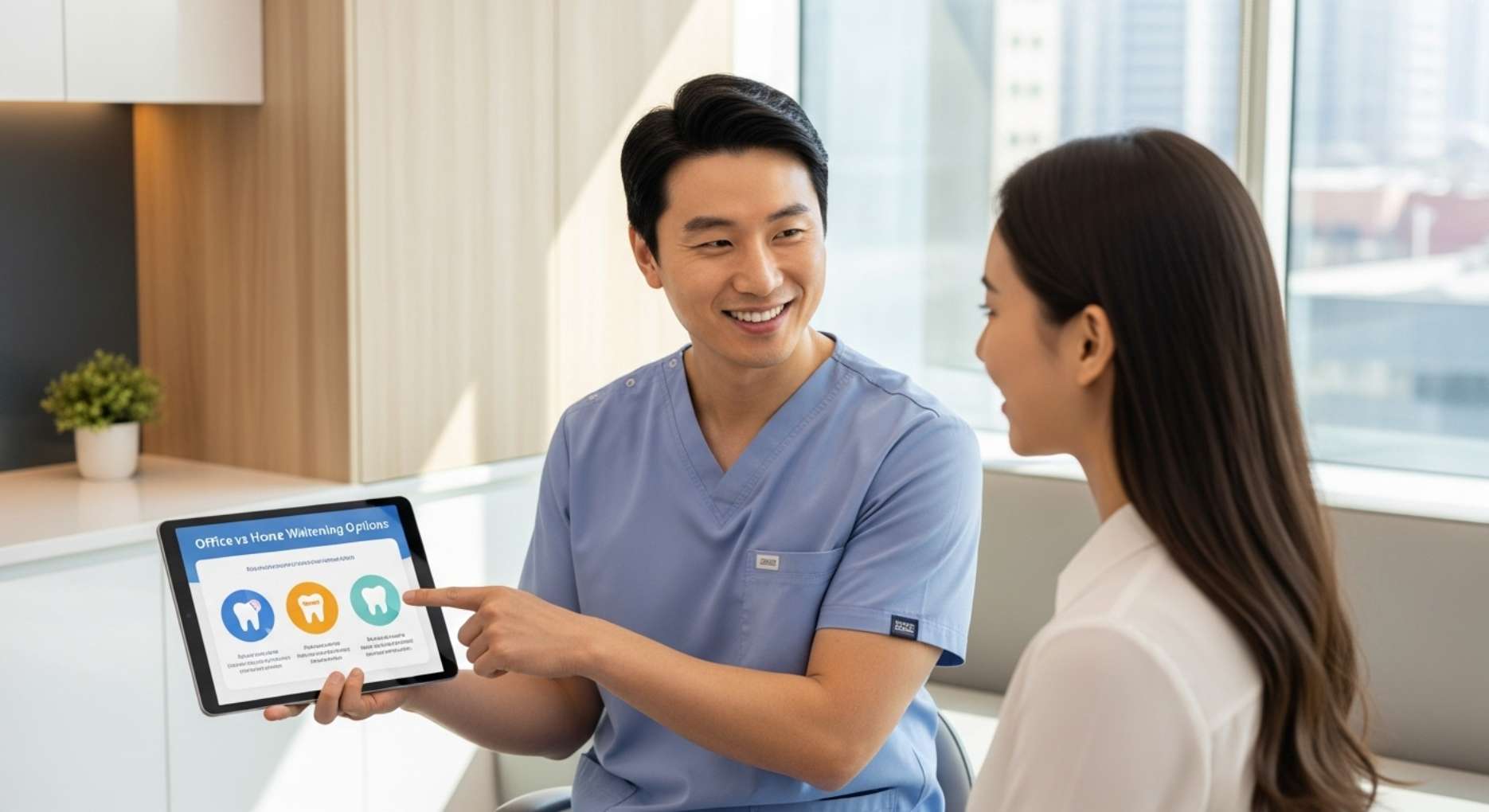 치과미백vs자가미백9 울산 드림연합치과에서 전문가 미백과 자가 미백 중 적합한 방법을 상담하는 모습