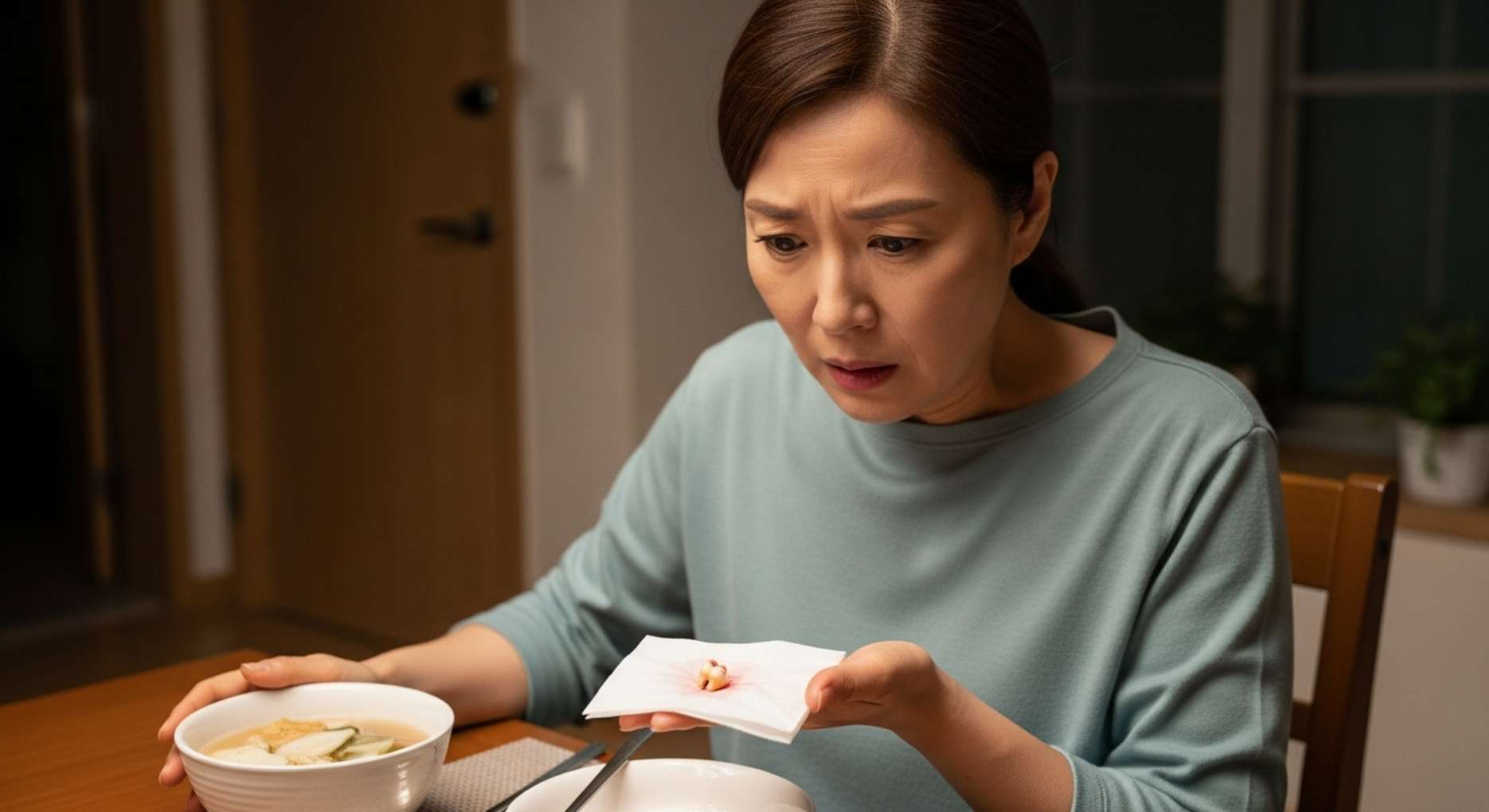 설날 떡국을 먹다가 갑자기 치아가 빠져서 당황한 울산 중년 여성
