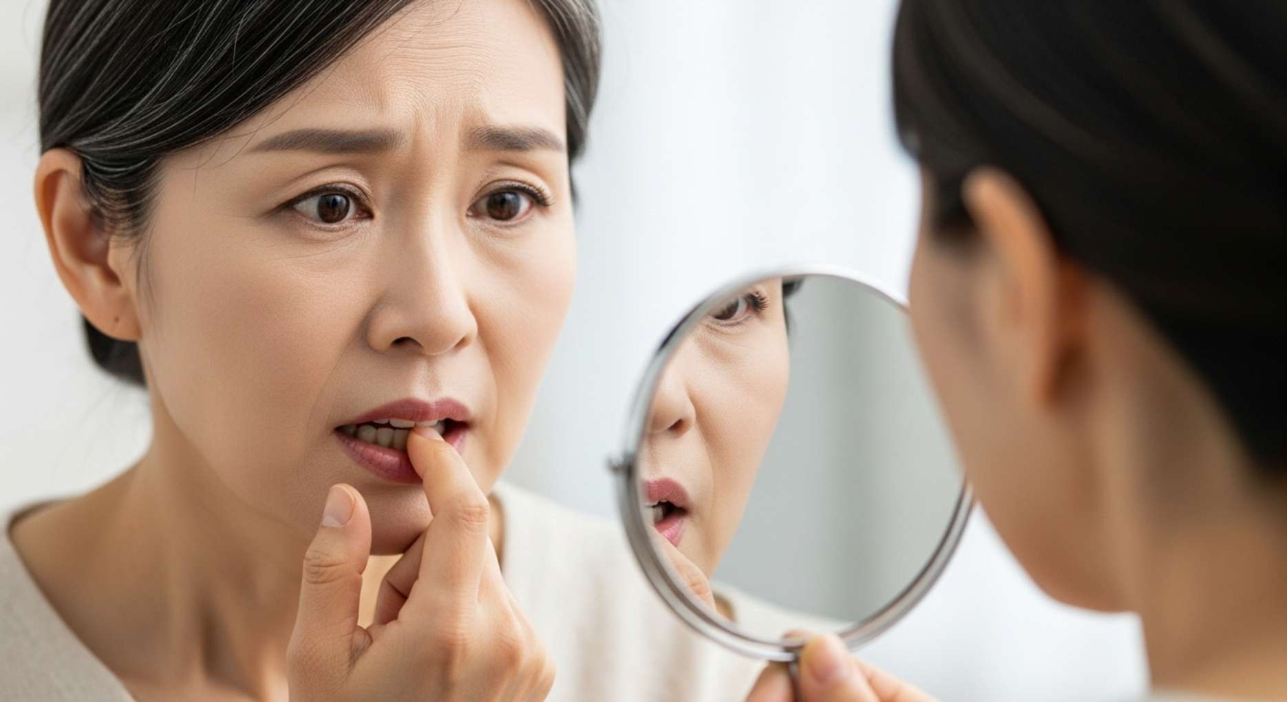 풍치7 거울을 보며 흔들리는 앞니를 손으로 만져보는 풍치 환자의 모습