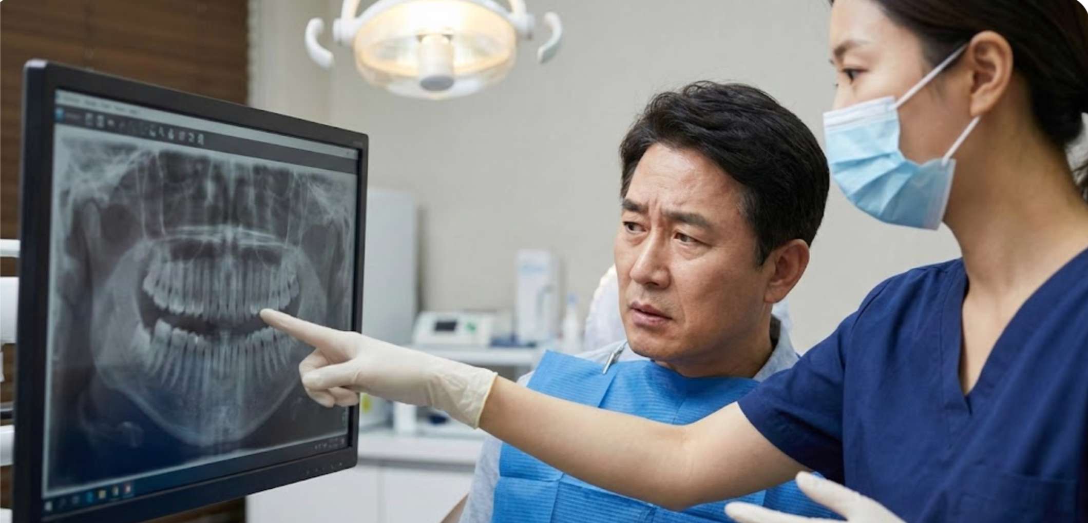 얇은 잇몸 뼈 엑스레이를 보며 상악동 거상술 설명을 듣는 환자의 걱정스러운 표정