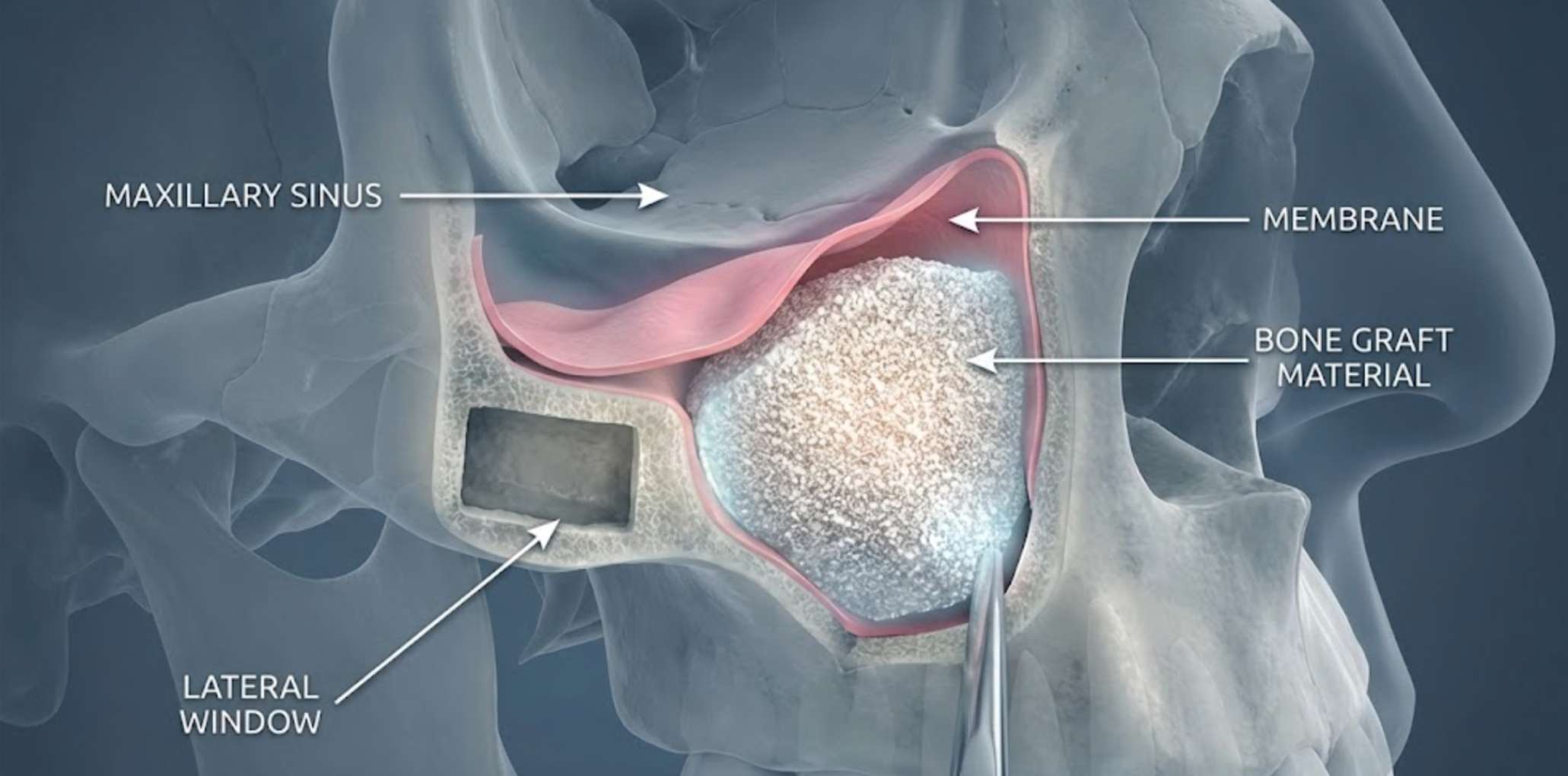 잇몸 옆면에 창을 내어 뼈를 이식하는 측방 접근법 고난도 수술 과정 그림