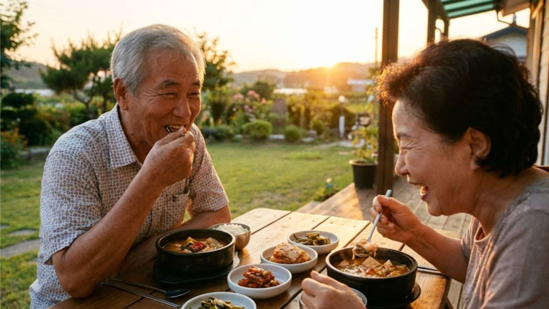 뼈 이식 임플란트 성공 후 씹는 즐거움을 되찾고 식사하는 노부부의 행복한 모습