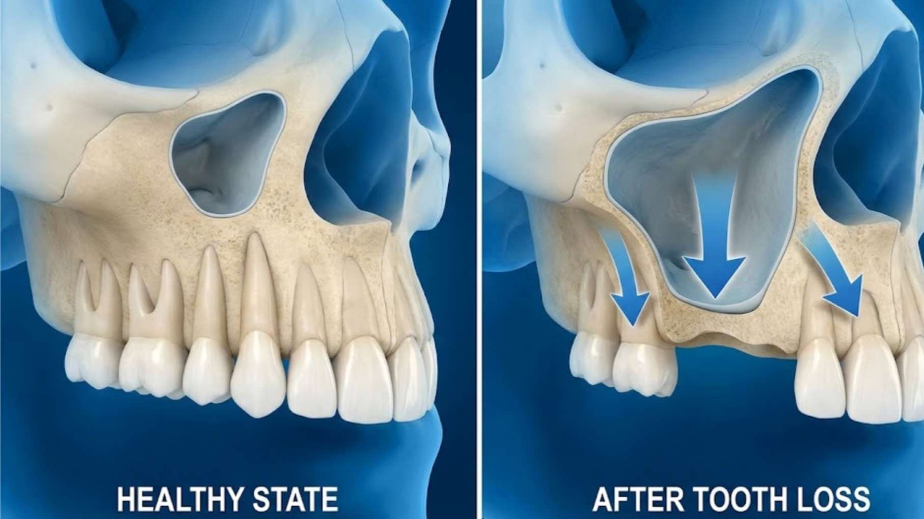 치아 상실 후 상악동이 아래로 내려와 뼈가 얇아지는 함기화 현상 비교 3D 일러스트